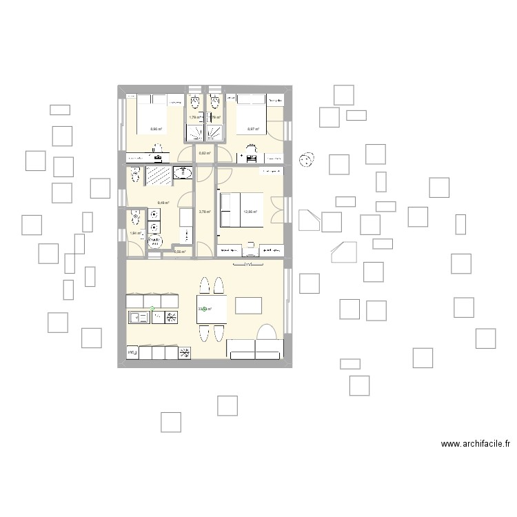 Chbre Paloma 2. Plan de 11 pièces et 84 m2