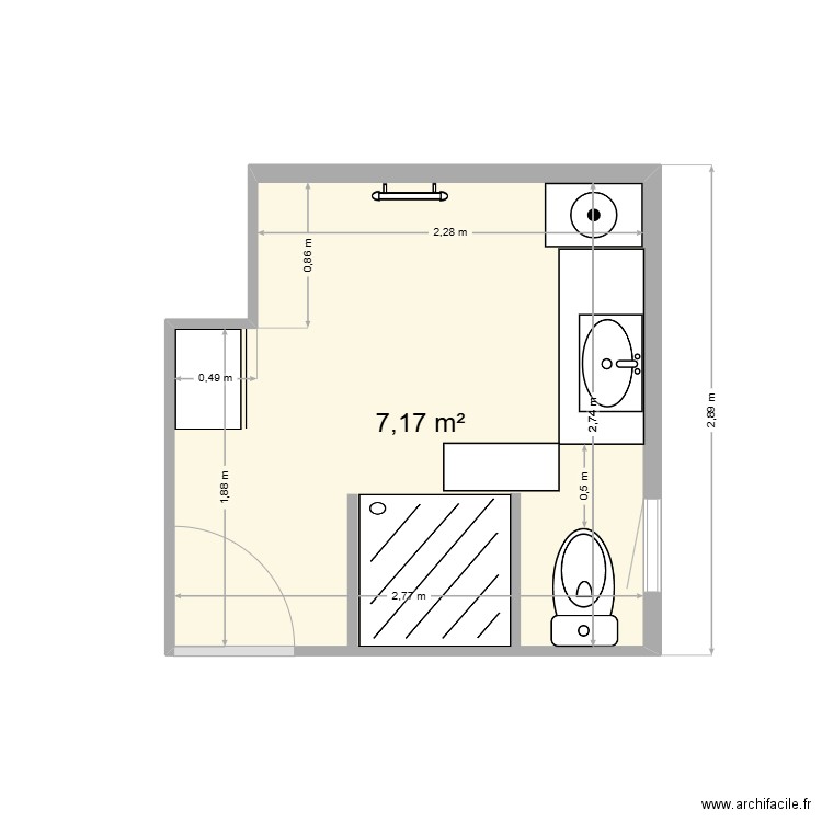 SDB douche V3. Plan de 1 pièce et 7 m2