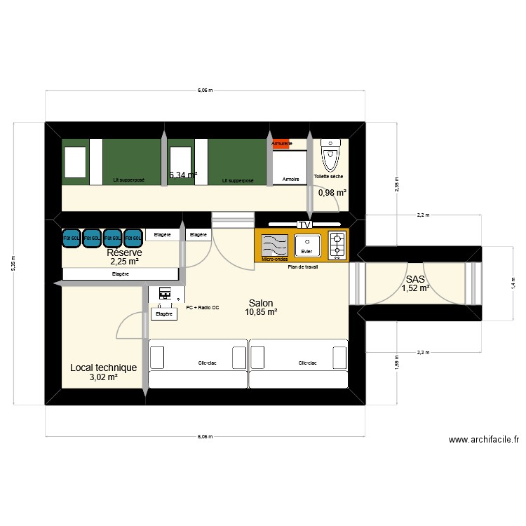 Bunker. Plan de 6 pièces et 25 m2