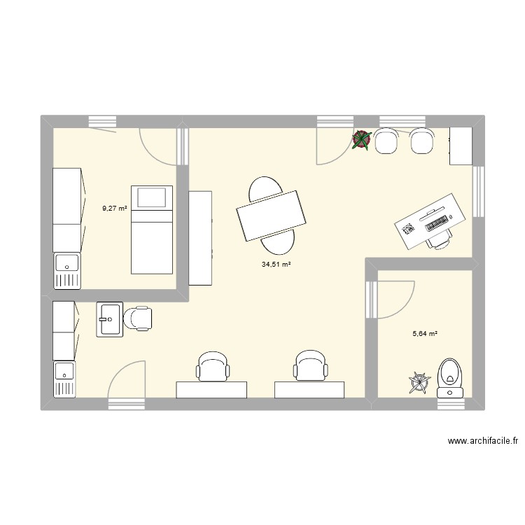 Plan salon L'univ'hair de mag. Plan de 3 pièces et 49 m2