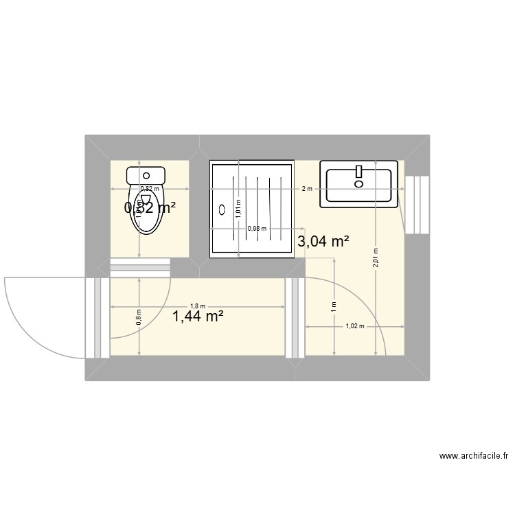 WC salle d'eau actuel. Plan de 3 pièces et 5 m2