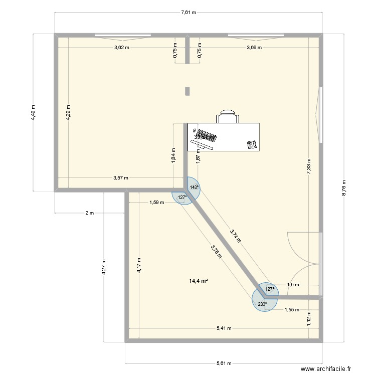 bureau. Plan de 2 pièces et 54 m2