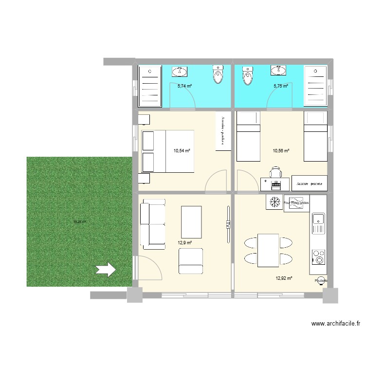 2 chambres. Plan de 6 pièces et 58 m2