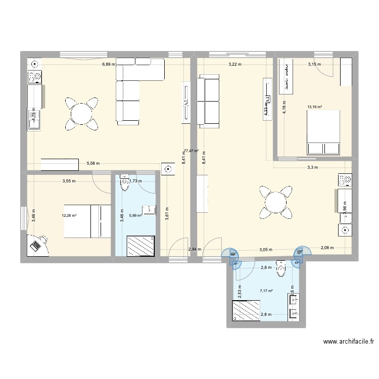 2T2. Plan de 5 pièces et 116 m2