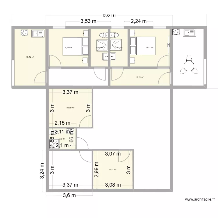 projet eau blanche 3. Plan de 9  et 66 m²