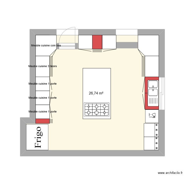cuisine centra. Plan de 1 pièce et 27 m2