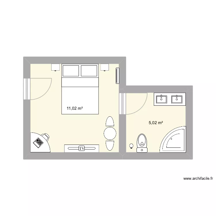 Chambre classique olympe 2pers 16m2. Plan de 2  et 16 m²
