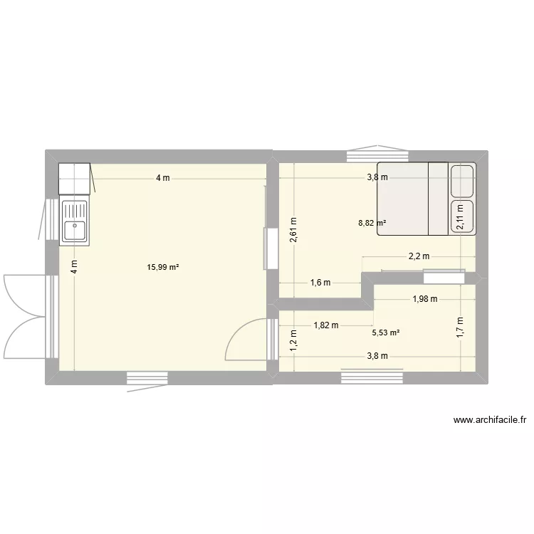 Mom. Plan de 3 Pièces et 30 m²
