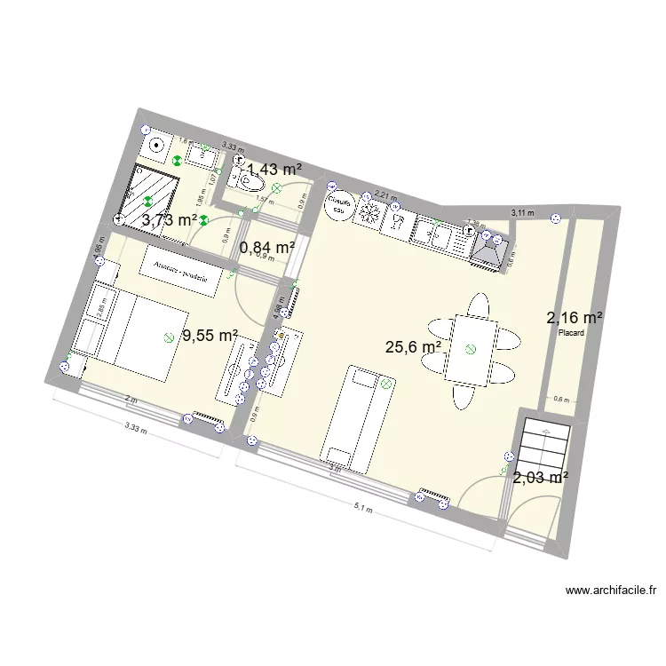 Appartement 17 E v3. Plan de 7  et 45 m²