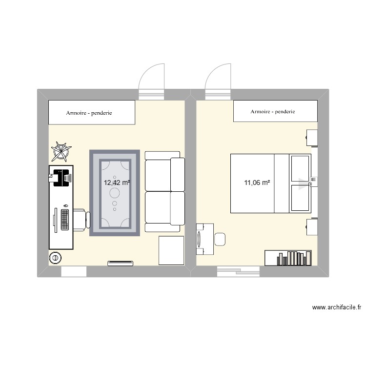 Chambres. Plan de 2 pièces et 23 m2