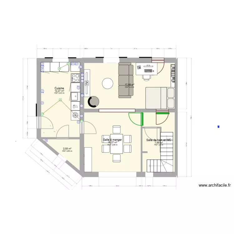 rdc san martin vModif &agrave; faire &eacute;lectricit&eacute;2. Plan de 5 Pièces et 55 m²