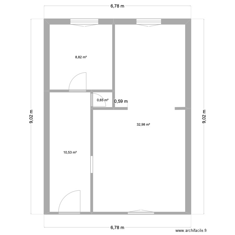 RDC. Plan de 4 pièces et 53 m2