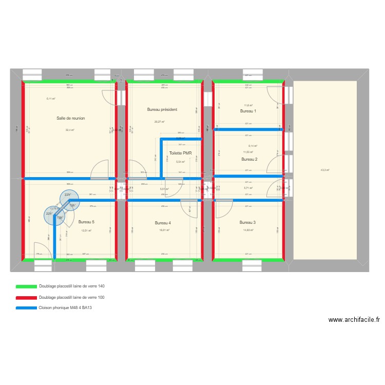 Bureaux administratif cloisons 6 bureaux. Plan de 21 pièces et 194 m2