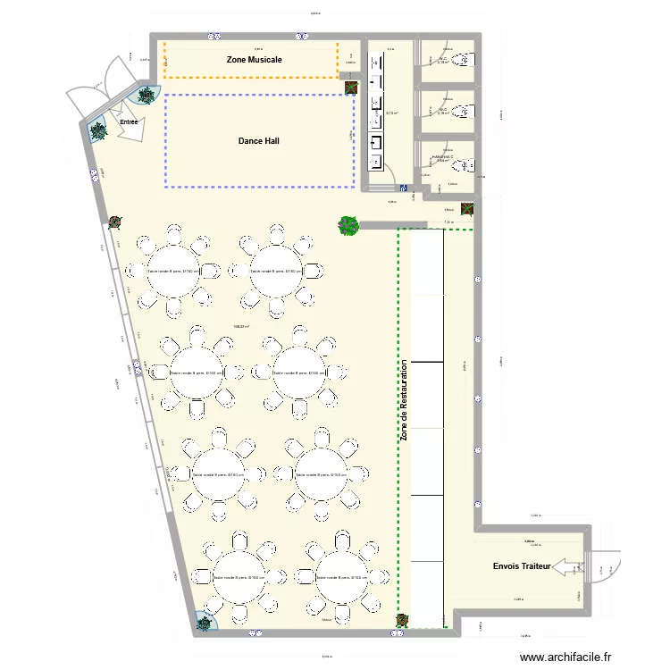 Salle des F&ecirc;tes TBC. Plan de 5  et 181 m²