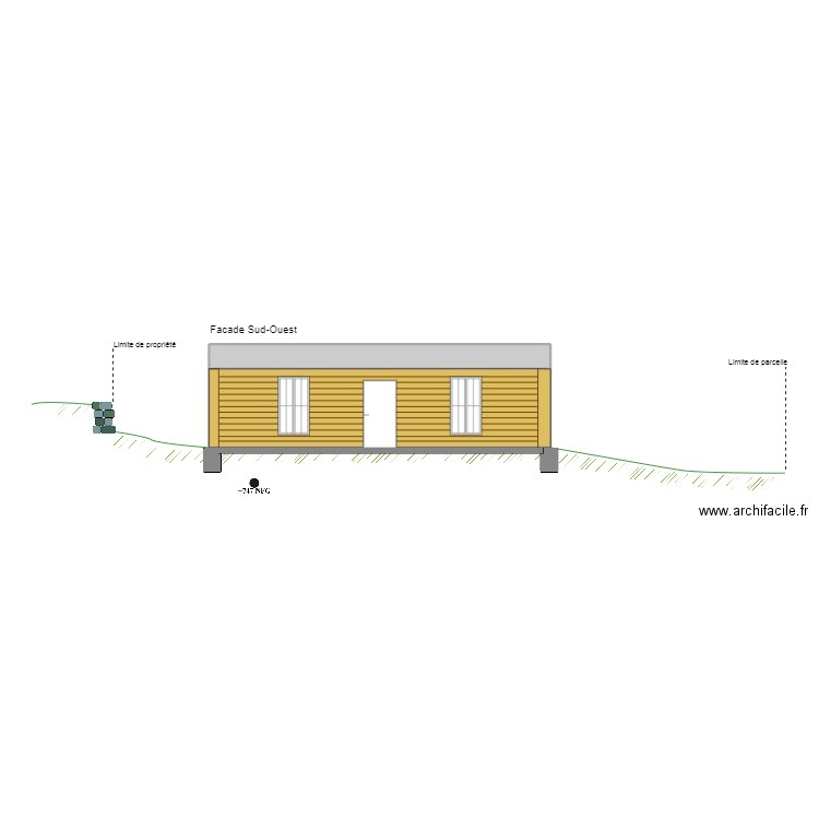 Façade sud-ouest barbouillé. Plan de 2 pièces et 36 m2