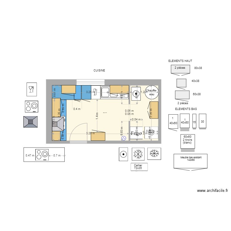 Cuisine meublée. Plan de 1 pièce et 10 m2