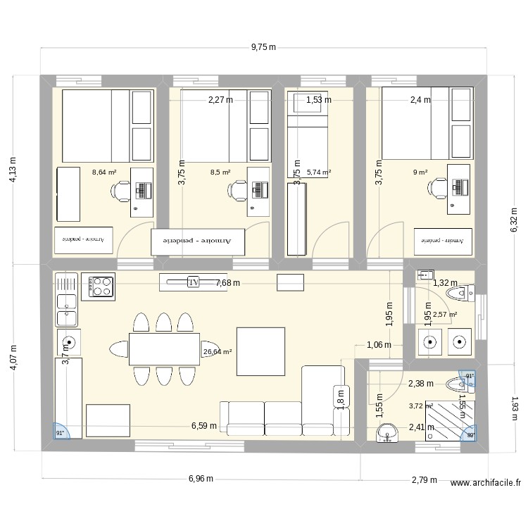 mon plan B 80. Plan de 7 pièces et 65 m2