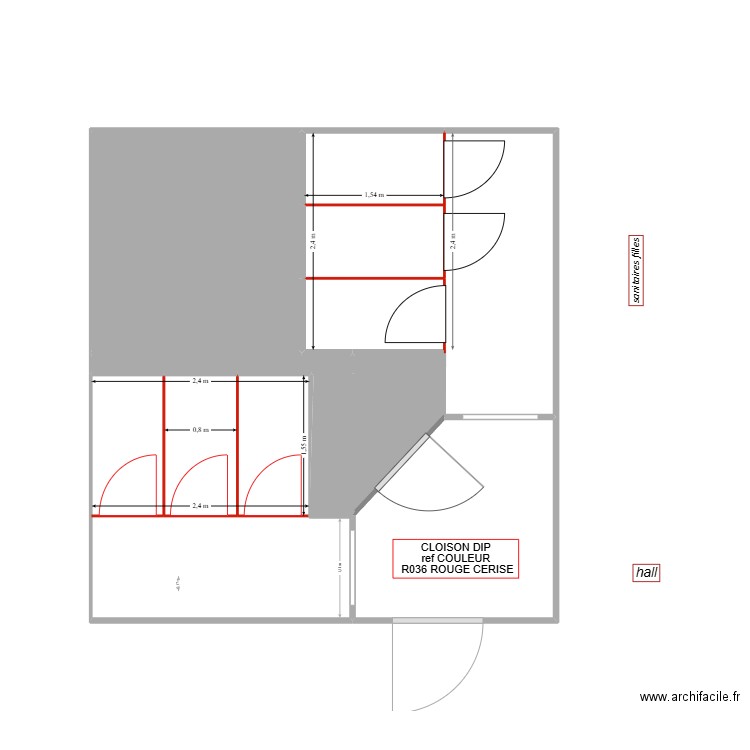 toilette fille cabines DIP. Plan de 10 pièces et 22 m2