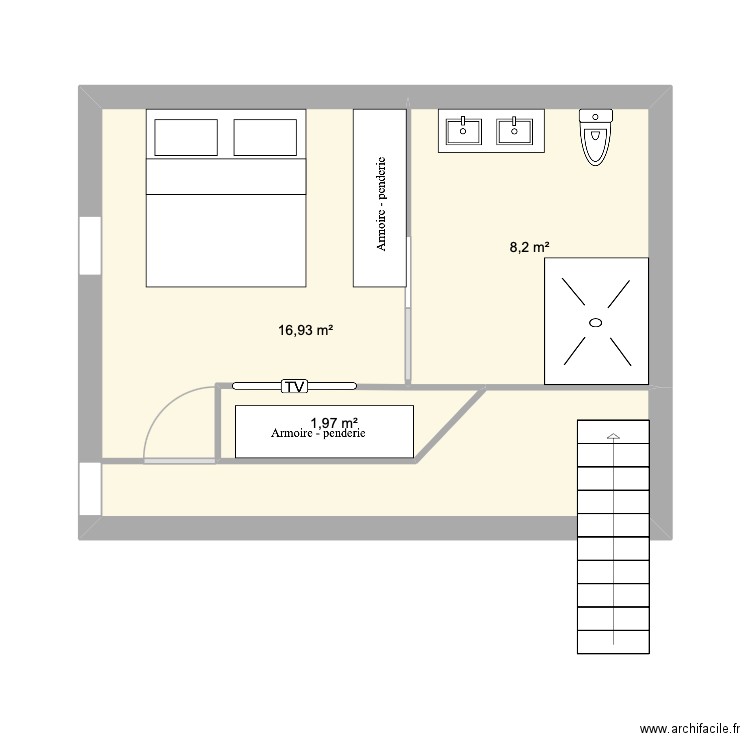 Chambre parentale. Plan de 3 pièces et 27 m2