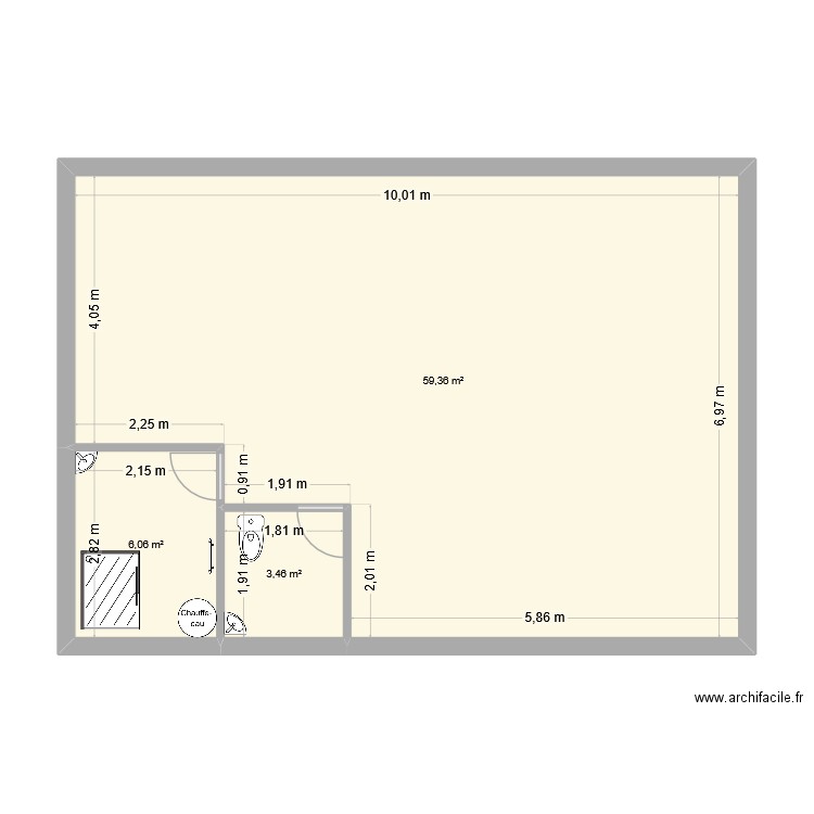 sdb wc aménagé. Plan de 3 pièces et 69 m2