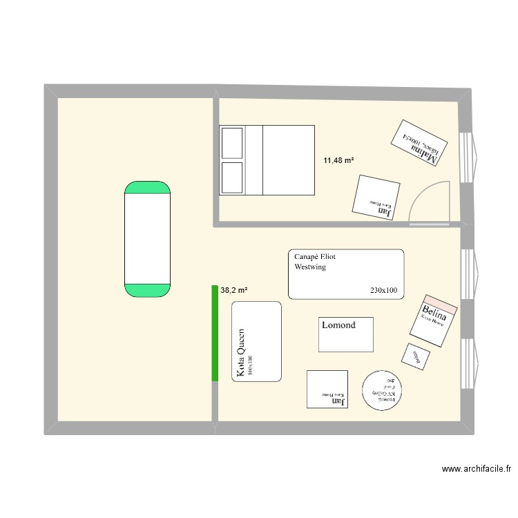 Foch Salon SAM Chambre cuisine. Plan de 2 pièces et 50 m2