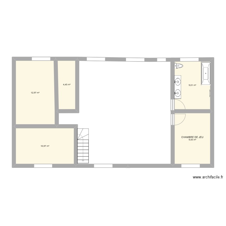 CUISINE SALON OUVERT. Plan de 5 pièces et 47 m2