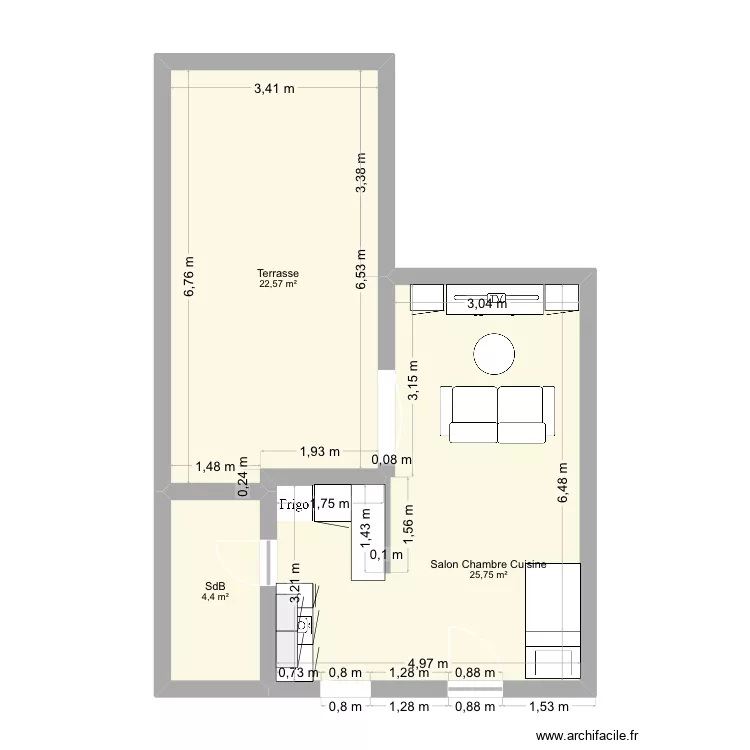 Corse Studio. Plan de 3 pièces et 53 m²