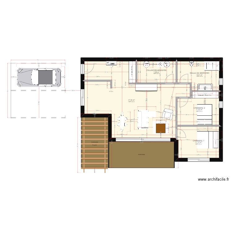 plan double L. Plan de 5 pièces et 86 m2
