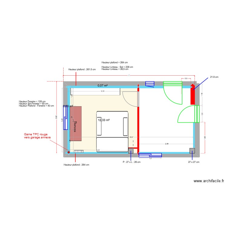 Batiment 1-placo+electricité. Plan de 3 pièces et 12 m2