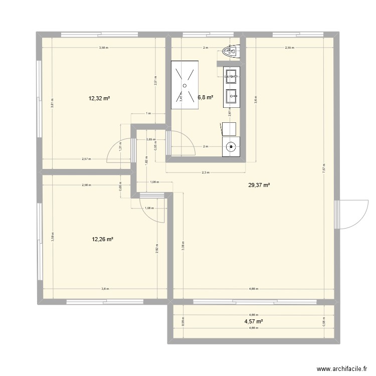 Plan appartement 1 Redoute modifié. Plan de 5 pièces et 65 m2