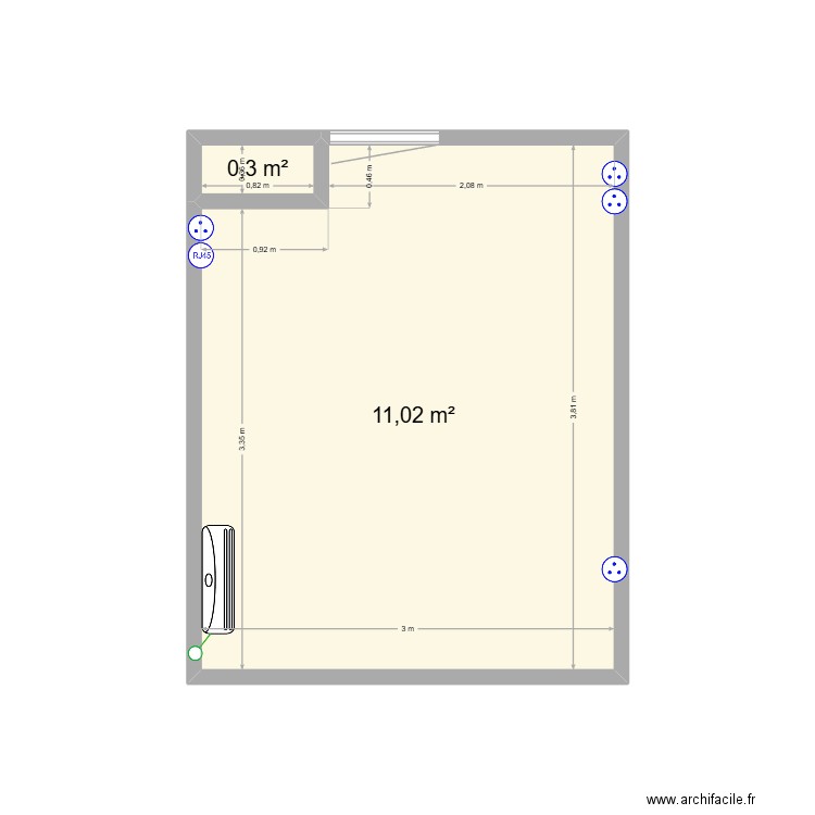 Bureau Claire RDC. Plan de 2 pièces et 11 m2