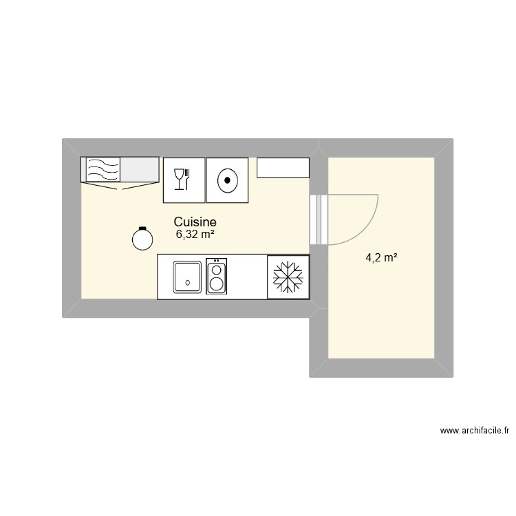 cuisine. Plan de 2 pièces et 11 m2