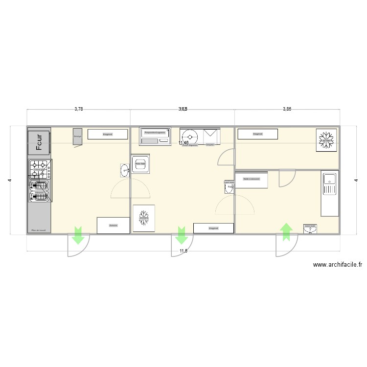 container pour atelier BANANE. Plan de 4 pièces et 44 m2