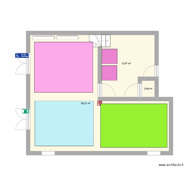 Salle sport Santé. Plan de 3 pièces et 64 m2