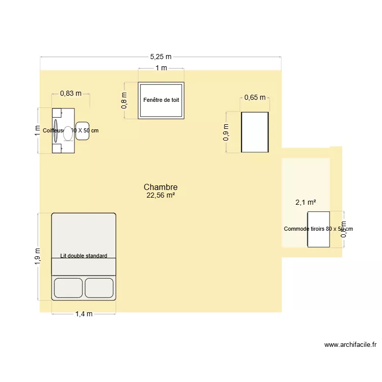 chambre a l&eacute;onie. Plan de 2 Pièces et 25 m²