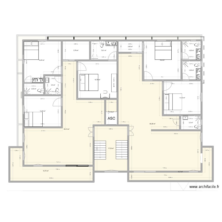 PROJET R+4 M1. Plan de 49 pièces et 1712 m2