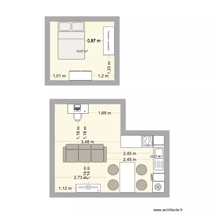 Appart. Plan de 2 Pièces et 34 m²