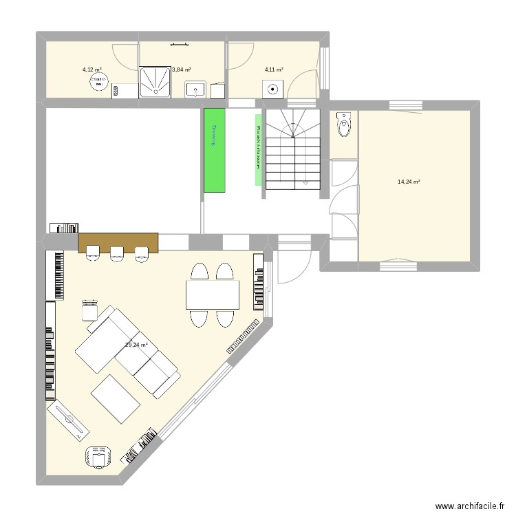 RDC Biho projet salon. Plan de 5 pièces et 56 m2