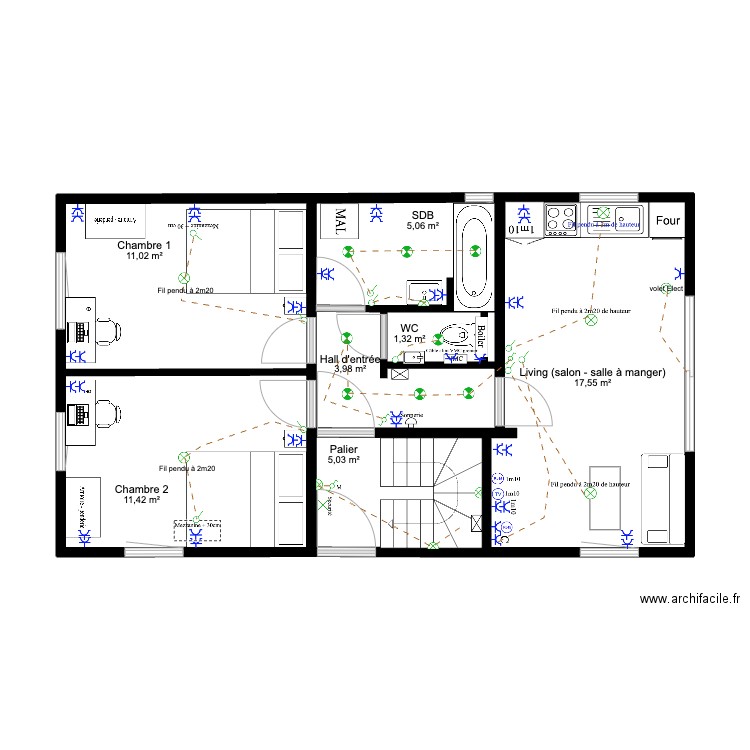 Annexe Tenderie 1er étage EL. Plan de 8 pièces et 55 m2