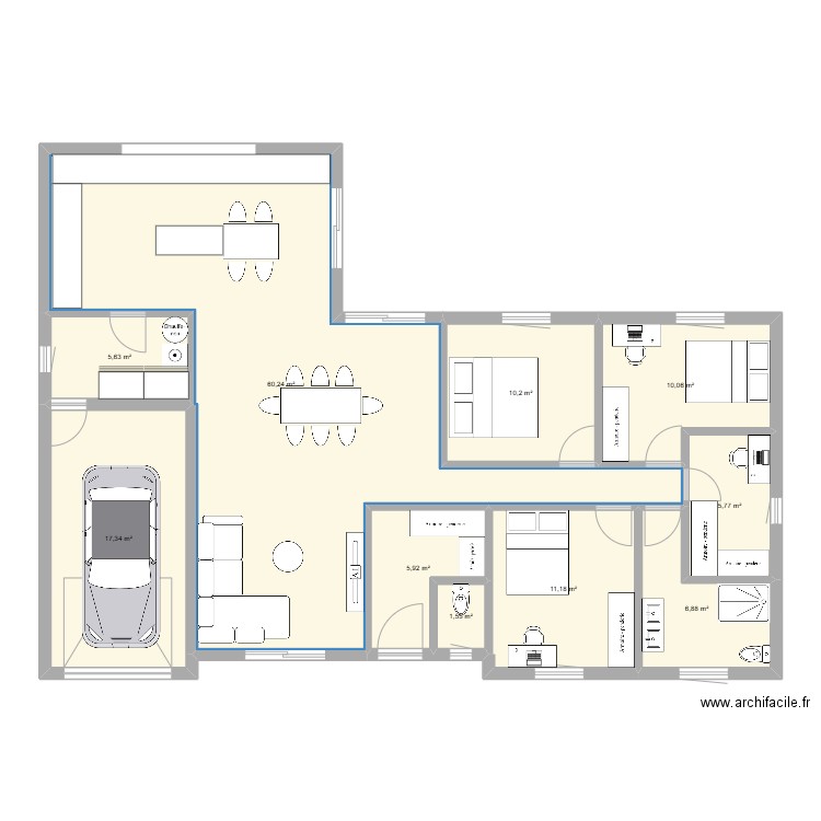 plain pied Villers au bois. Plan de 10 pièces et 135 m2