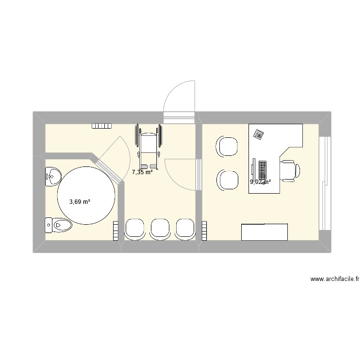 cabinet Chacha. Plan de 3 pièces et 20 m2