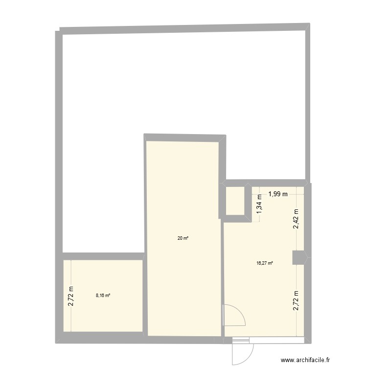 service sociaux. Plan de 3 pièces et 44 m2