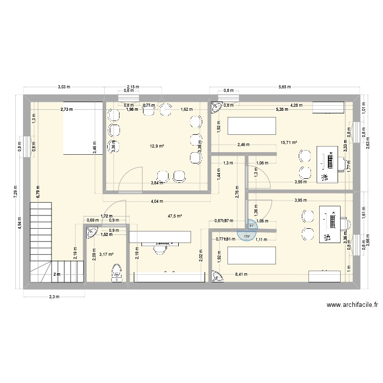 cabinet étage 1. Plan de 4 pièces et 79 m2