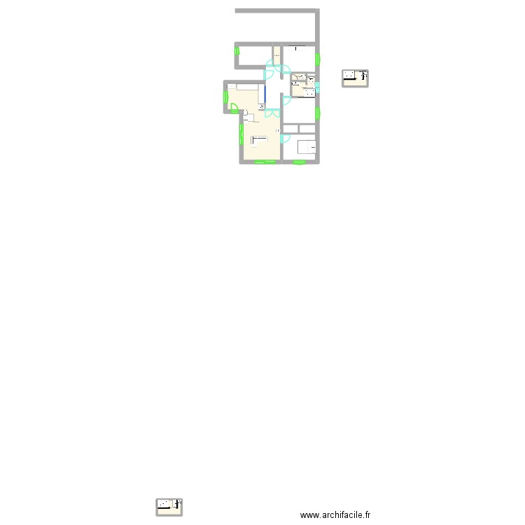 Vue en plan aménagée. Plan de 6 pièces et 47 m2