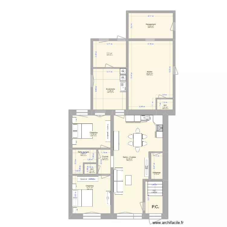 Plan Appart n&deg; 1 _RDC Mobilier. Plan de 13  et 128 m²