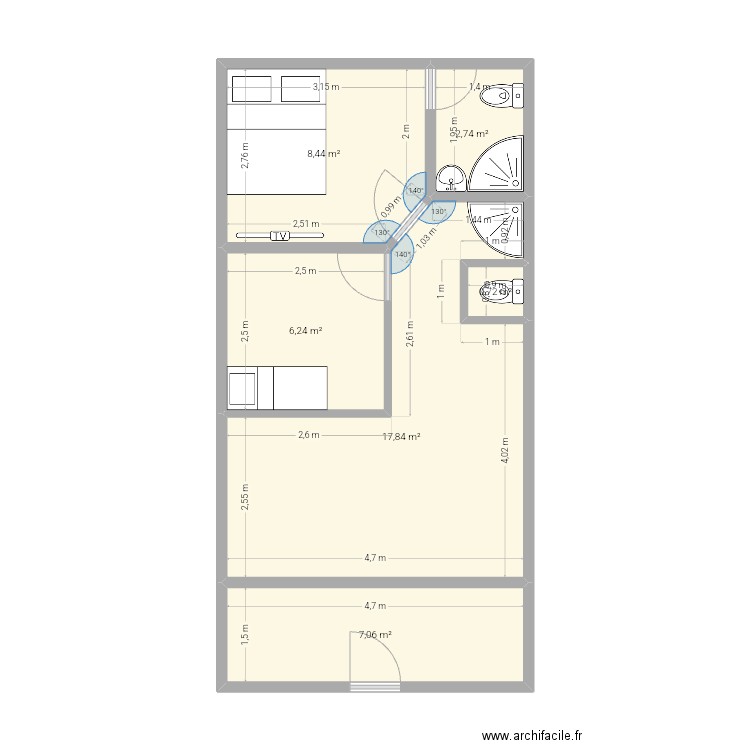 casa1. Plan de 6 pièces et 43 m2