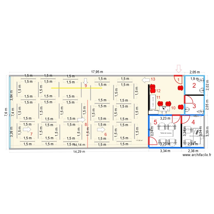 bireau 2. Plan de 5 pièces et 143 m2