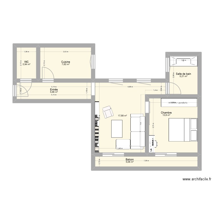 Samia & Justine. Plan de 7 pièces et 57 m2