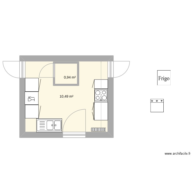 cuisine. Plan de 2 pièces et 13 m2