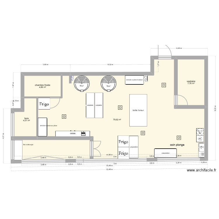 pizzeria. Plan de 4 pièces et 97 m2